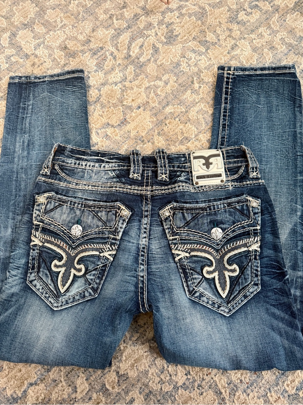 Rock Revival Men’s slim straight Jeans with Embroidered Back Pockets